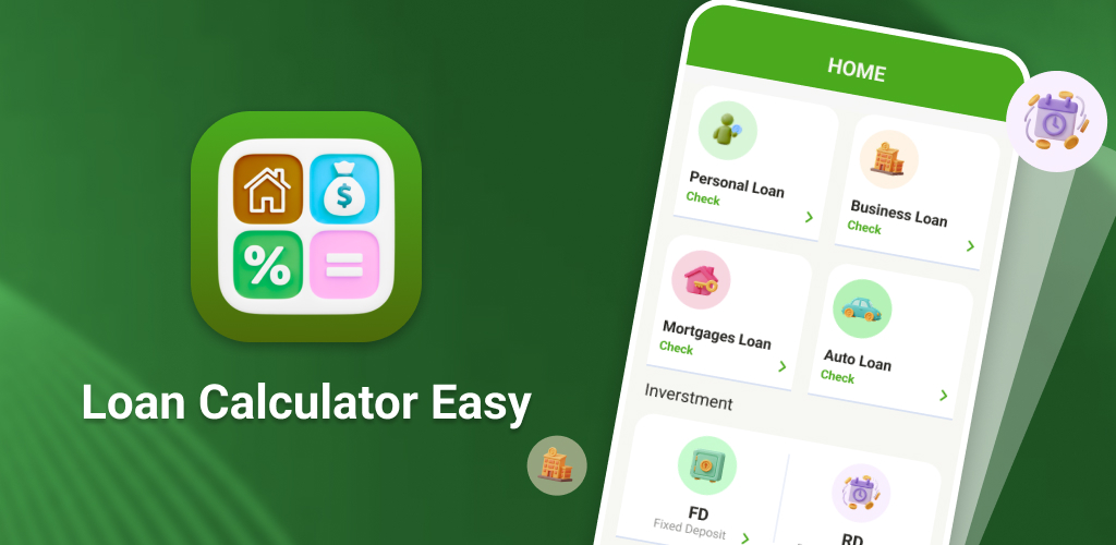 Loan Calculator Easy app banner showing loan calculators and savings tools