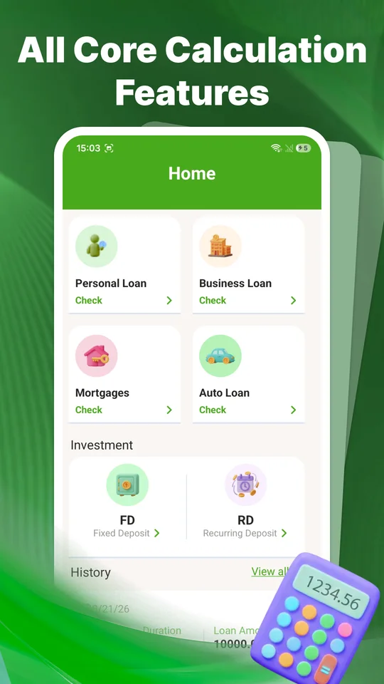 Home screen with loan calculators and fixed and recurring deposits