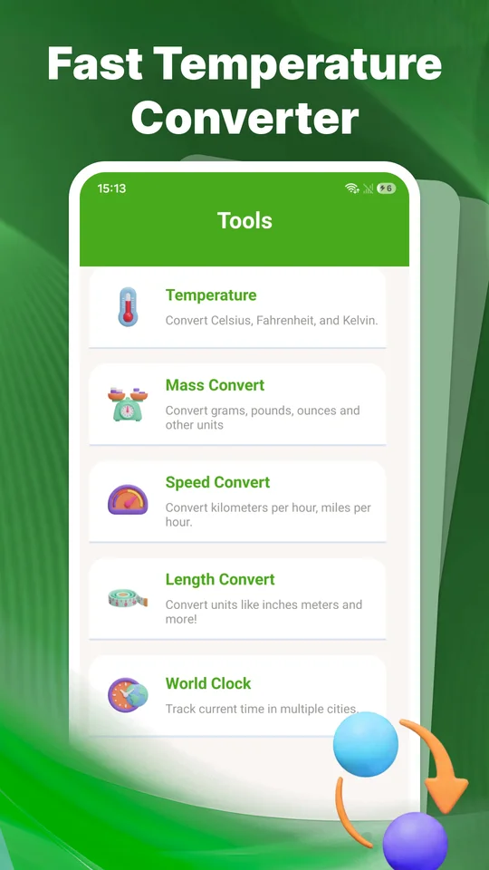 Tools screen with temperature, mass, speed, length and world clock